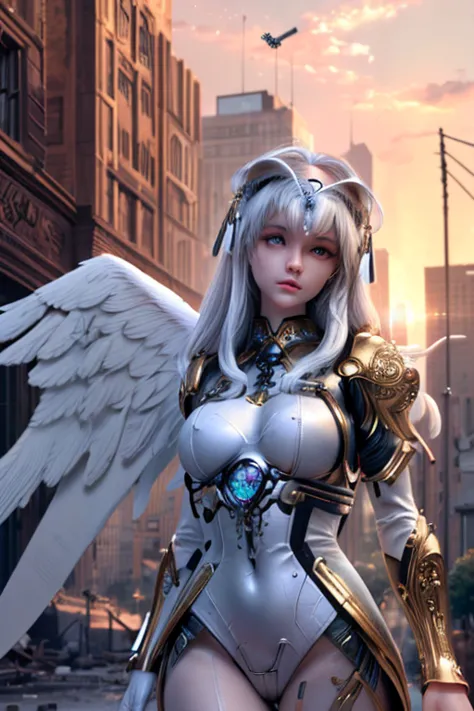 (in the city in ruins, null, midi),, ((silver mechanical female angel)), big wings of light:1.8, giant sword, shiny metal body:1...