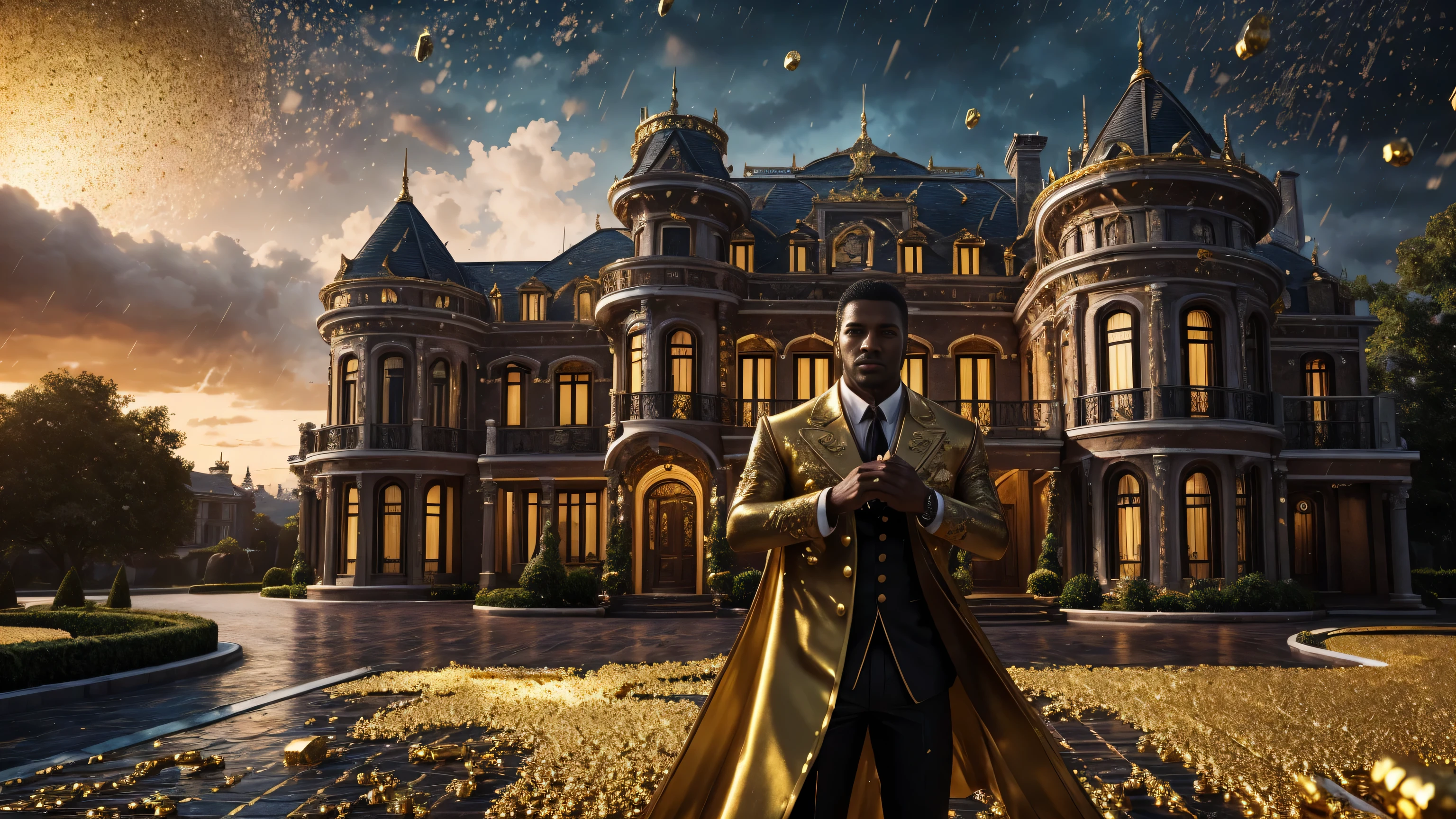 a man in front of a mansion full of gold coins falling from the sky, ultra detailed image, realism, 8k, hyper detailed skin, intense and vivid colors.
