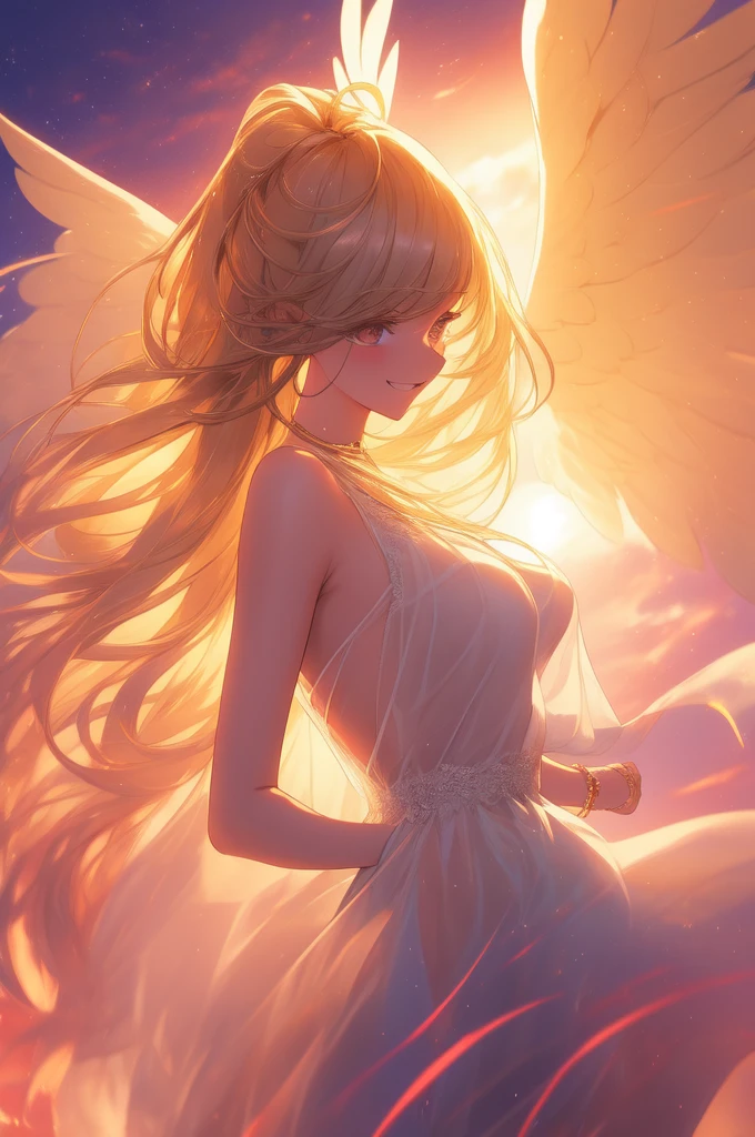 {{{masterpiece}}}, {very detailed CG}, amazing, in detail, alone, {{beautiful 풍경}}, sunset, {{wind}}, detailed background, beautiful, nipple, panties, Sheer mesh dress, bright eyes, {{whole body}}, dynamic pose, dynamic angle, looking at the viewer, Detailed clothes, beautiful sunset, enlargement, best quality, blonde long hair woman, {{beautiful}}, pretty, {laughing}, {{with angel wings}}, halo, shiny