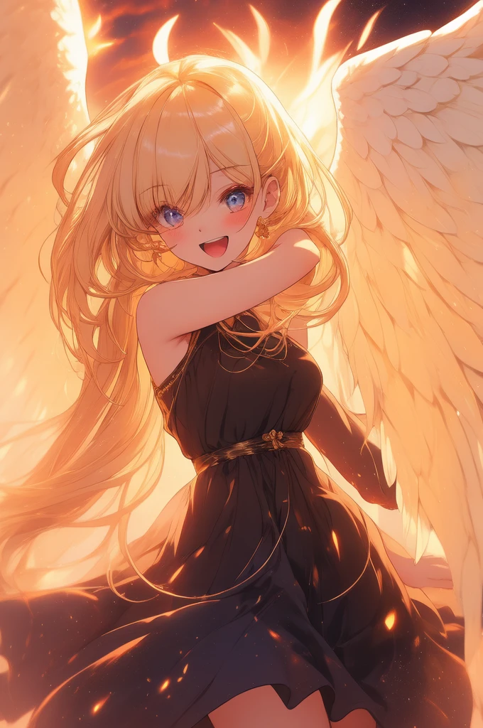 {{{masterpiece}}}, {very detailed CG}, amazing, in detail, alone, {{beautiful 풍경}}, sunset, {{wind}}, detailed background, beautiful, nipple, panties, Sheer mesh dress, bright eyes, {{whole body}}, dynamic pose, dynamic angle, looking at the viewer, Detailed clothes, beautiful sunset, enlargement, best quality, blonde long hair woman, {{beautiful}}, pretty, {laughing}, {{with angel wings}}, halo, shiny