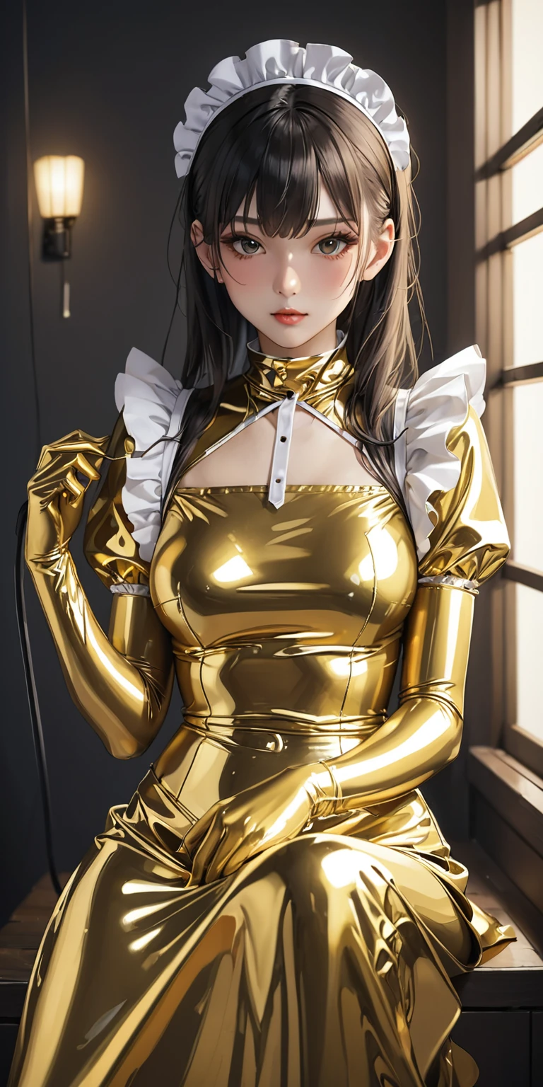 Portraiture、(masterpiece,Highest quality,Ultra-high resolution),Japanese women, (((Very beautiful 25 year old girl))),(Golden Latex Maid Clothing)、((Golden latex long skirt))、(A long-sleeved gold latex shirt covering the upper body)、Golden latex gloves、Golden latex socks、Golden Latex Bodysuit、Frills、The clothes fit snugly to the body、Latex is very shiny、Dark Room、