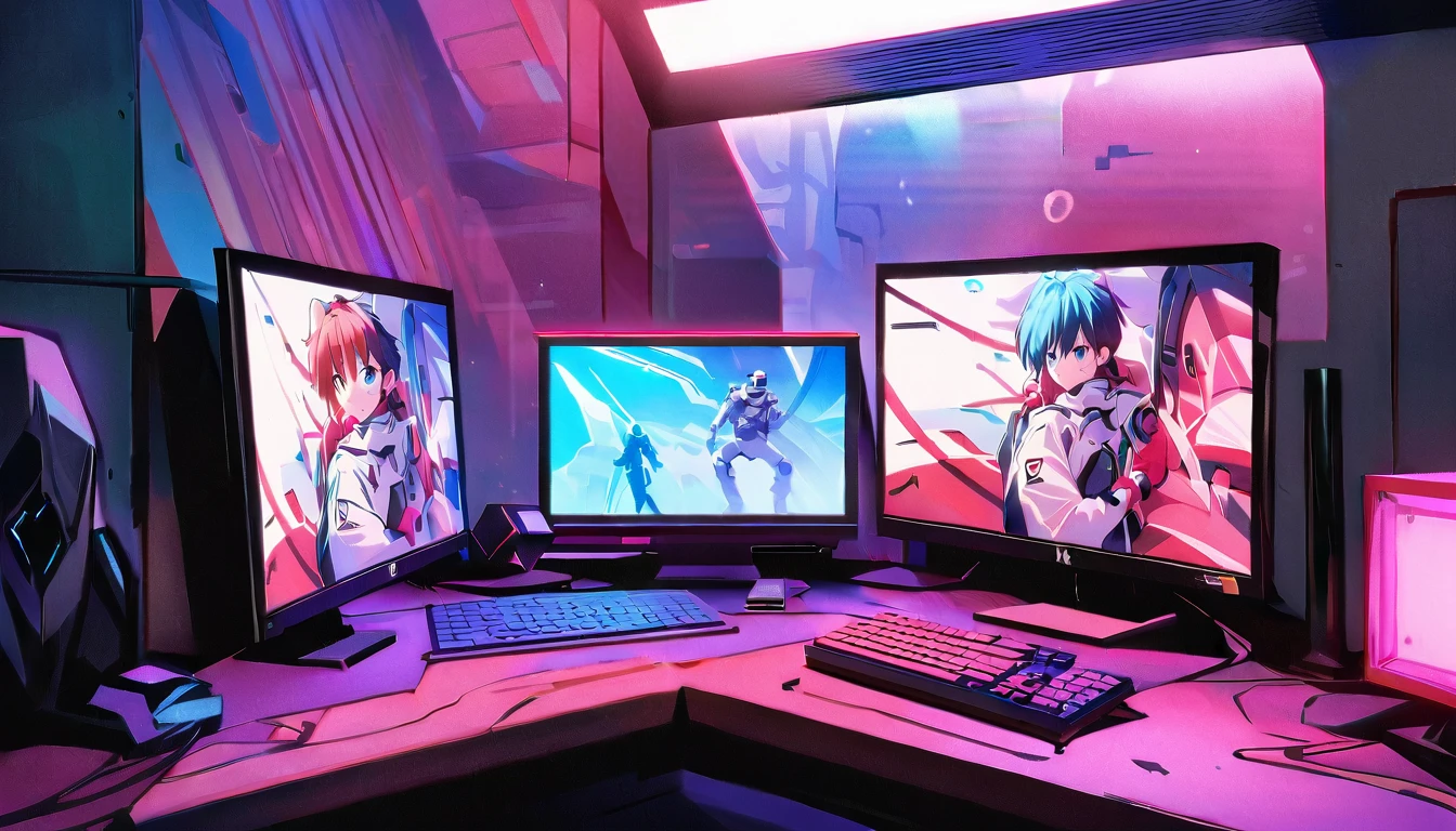 Chinese astronauts，Chinese astronauts明日香雕像，Red EVA-02 wallpaper，Two monitors stand，Gaming equipment on the table，White Gloves Characters，Covering the face with one hand。Under colorful neon lights，Vitality。Each screen，Asukaya is eye-catching，Artist&#39;s unique style。Vivid scenes，Vitality。
(Chinese astronaut:1.3), (astronaut anime expo:1.2), (computer and keyboard in front:1.2), (Astronaut Asuka:1.3), (beautiful Astronaut Asuka from Evangelion:1.3), (Neon Genesis Evangelion style:1.2), (Neon Genesis Evangelion:1.2), (Astronaut Asuka Langley:1.3), (fully suited Astronaut Asuka Langley Soryu:1.2), (masterpiece:1.3), (best quality:1.3), (highly detailed CG Unity 8k wallpaper:1.3), (best illustration award:1.2), (exquisite shadows:1.2), (absurdes:1.2), (realistic lighting:1.3), (abyss:1.2), (beautiful intricate glow:1.2), (Peter MohrBacher's art style:1.1)
