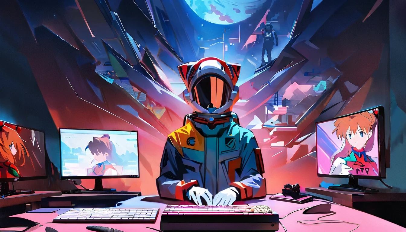 Chinese astronauts，Chinese astronauts明日香雕像，Red EVA-02 wallpaper，Two monitors stand，Gaming equipment on the table，White Gloves Characters，Covering the face with one hand。Under colorful neon lights，Vitality。Each screen，Asukaya is eye-catching，Artist&#39;s unique style。Vivid scenes，Vitality。
(Chinese astronaut:1.3), (astronaut anime expo:1.2), (computer and keyboard in front:1.2), (Astronaut Asuka:1.3), (beautiful Astronaut Asuka from Evangelion:1.3), (Neon Genesis Evangelion style:1.2), (Neon Genesis Evangelion:1.2), (Astronaut Asuka Langley:1.3), (fully suited Astronaut Asuka Langley Soryu:1.2), (masterpiece:1.3), (best quality:1.3), (highly detailed CG Unity 8k wallpaper:1.3), (best illustration award:1.2), (exquisite shadows:1.2), (absurdes:1.2), (realistic lighting:1.3), (abyss:1.2), (beautiful intricate glow:1.2), (Peter MohrBacher's art style:1.1)
