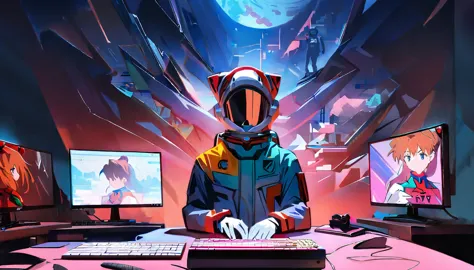 chinese astronauts，chinese astronauts明日香雕像，red eva-02 wallpaper，two monitors stand，gaming equipment on the table，white gloves ch...