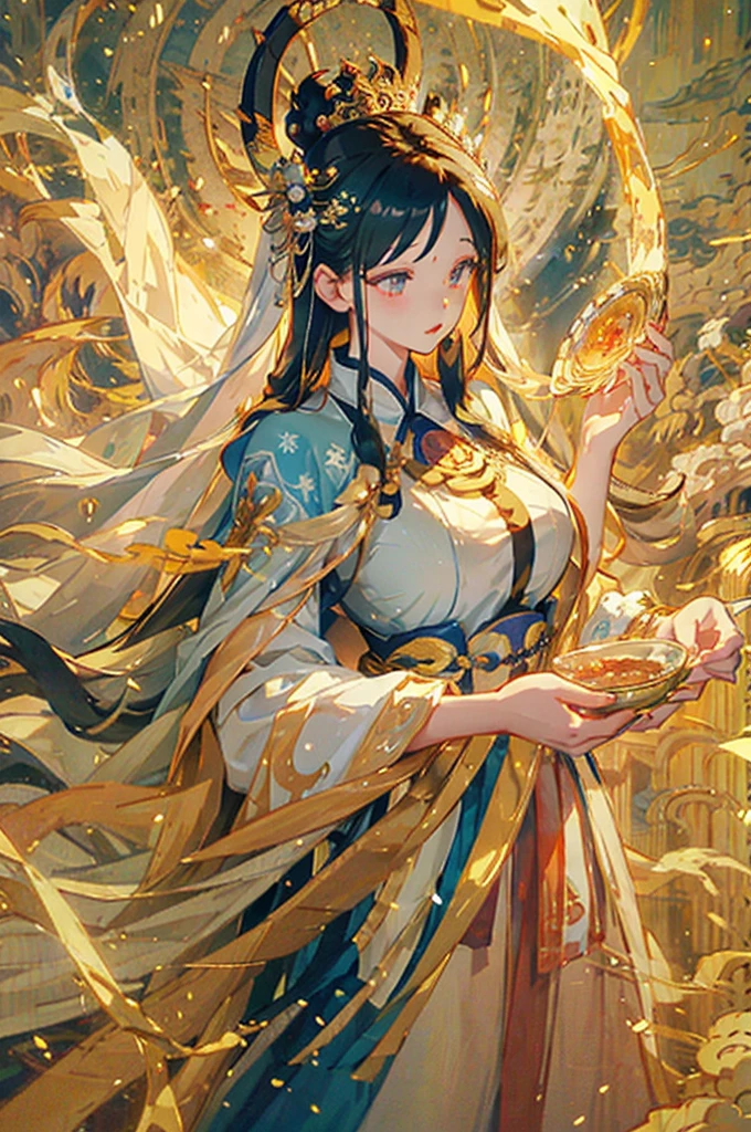 painting of a woman in a white dress with a blue cape, an ultrafine detailed painting by Yang J, Artstation, fantasy art, flowing white robes, ancient chinese goddess, goddess of light, guanyin of the southern seas, queen of the sea mu yanling, a beautiful fantasy empress, of ethereal fantasy, astral ethereal, ((a beautiful fantasy empress))