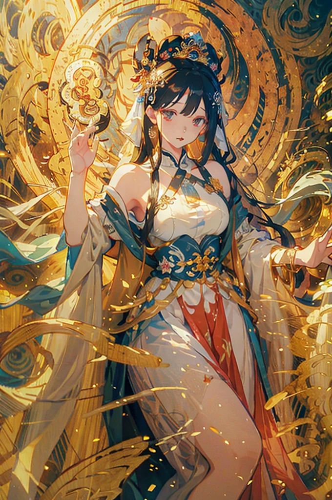 painting of a woman in a white dress with a blue cape, an ultrafine detailed painting by Yang J, Artstation, fantasy art, flowing white robes, ancient chinese goddess, goddess of light, guanyin of the southern seas, queen of the sea mu yanling, a beautiful fantasy empress, of ethereal fantasy, astral ethereal, ((a beautiful fantasy empress))