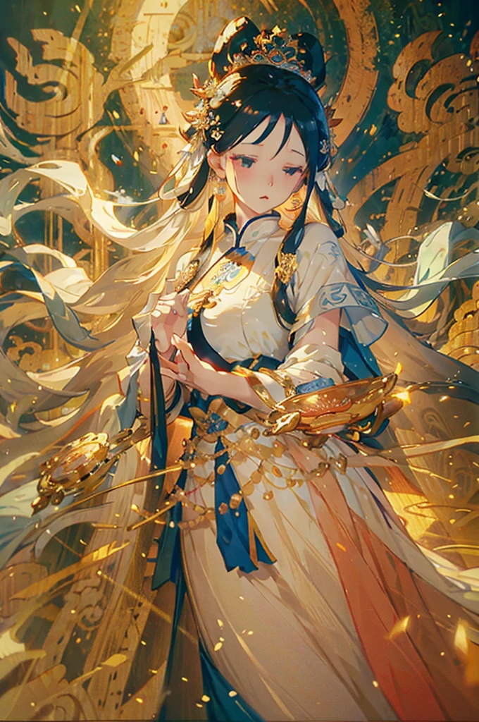 painting of a woman in a white dress with a blue cape, an ultrafine detailed painting by Yang J, Artstation, fantasy art, flowing white robes, ancient chinese goddess, goddess of light, guanyin of the southern seas, queen of the sea mu yanling, a beautiful fantasy empress, of ethereal fantasy, astral ethereal, ((a beautiful fantasy empress))