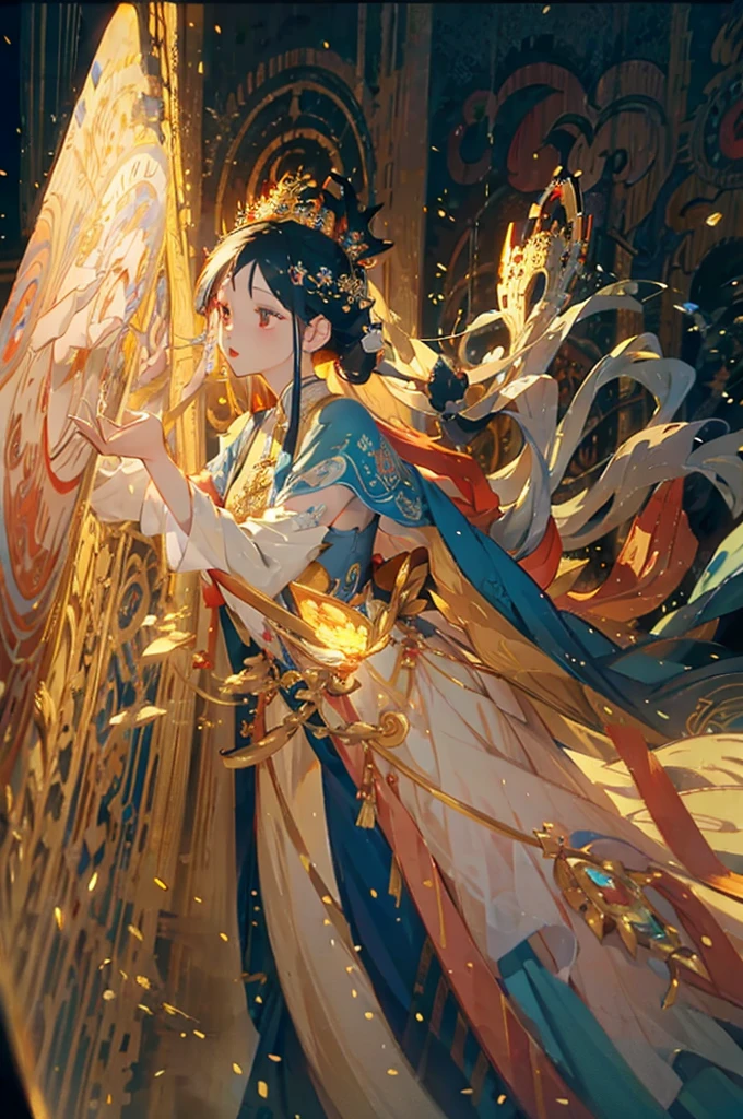 painting of a woman in a white dress with a blue cape, an ultrafine detailed painting by Yang J, Artstation, fantasy art, flowing white robes, ancient chinese goddess, goddess of light, guanyin of the southern seas, queen of the sea mu yanling, a beautiful fantasy empress, of ethereal fantasy, astral ethereal, ((a beautiful fantasy empress))