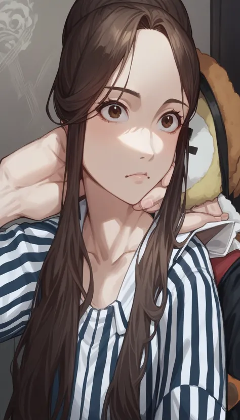 arafed woman with long brown hair and a striped shirt, dang my linh, anime thai girl, cindy avelino, sakimi chan, real ungine, n...