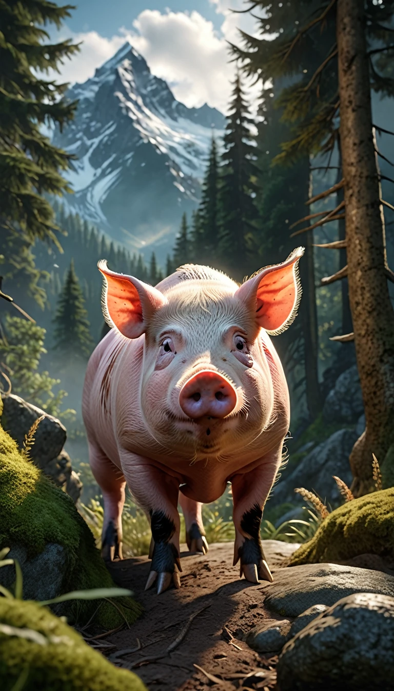 Montanhas e florestas，Existe uma espécie de besta，Parece um porco，Com um par de garras de frango afiadas，(melhor qualidade，4K，8K，alto nível，obra de arte：1.2），ultra detalhado，（realista，Foto Real，Foto Real：1.37），animais altamente detalhados，iluminação realista，criaturas de fantasia