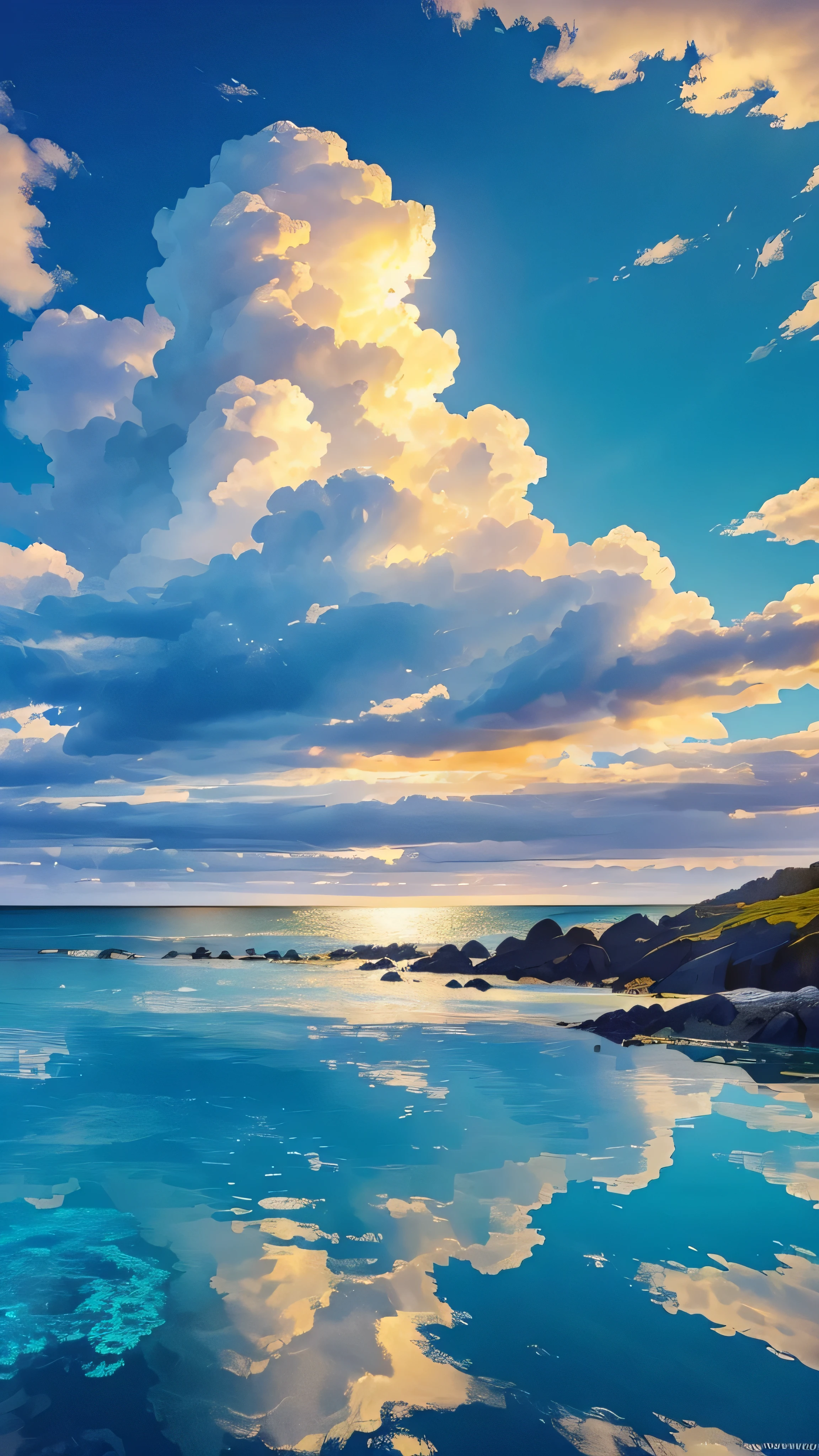 (mais alta qualidade,obra de arte:1.3,Resolução ultra-alta),(Muito detalhado,cáusticos,8K), (realista:1.4, Fotografia RAW),mar azul claro,céu azul,nuvem branca,ilha,Sol,Luz natural