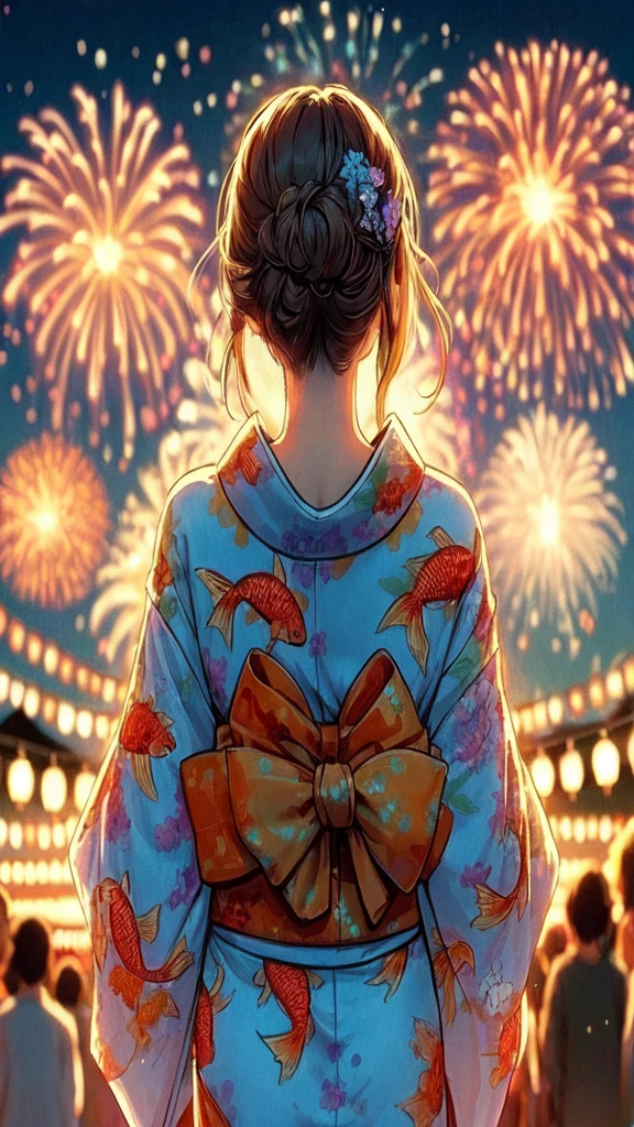 1lady solo, standing, back of head, (from behind), looking up at sky, (elegant yukata:1.1) (small golden fish-patterned:1.1), mature female, /(brown hair/), hair up, flower ornament, (nape of neck), (masterpiece best quality:1.2) delicate illustration ultra-detailed BREAK (summer festival) outdoors, (elegant fireworks), night sky, contrast, crowded, detailed background