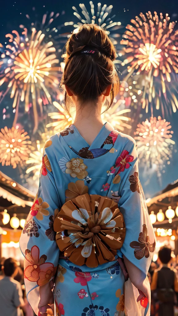 1lady solo, standing, back of head, (from behind), looking up at sky, (elegant yukata:1.1) (small golden fish-patterned:1.1), mature female, /(brown hair/), hair up, flower ornament, (nape of neck), (masterpiece best quality:1.2) delicate illustration ultra-detailed BREAK (summer festival) outdoors, (elegant fireworks), night sky, contrast, crowded, detailed background