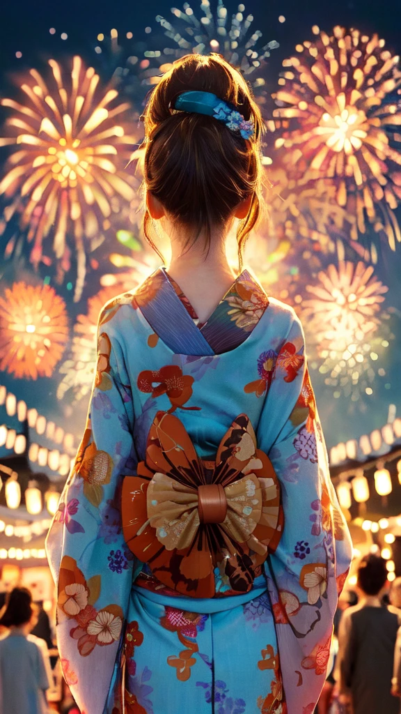 1lady solo, standing, back of head, (from behind), looking up at sky, (elegant yukata:1.1) (small golden fish-patterned:1.1), mature female, /(brown hair/), hair up, flower ornament, (nape of neck), (masterpiece best quality:1.2) delicate illustration ultra-detailed BREAK (summer festival) outdoors, (elegant fireworks), night sky, contrast, crowded, detailed background