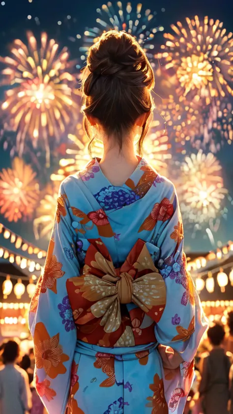 1lady solo, standing, back of head, (from behind), looking up at sky, (elegant yukata:1.1) (small golden fish-patterned:1.1), ma...