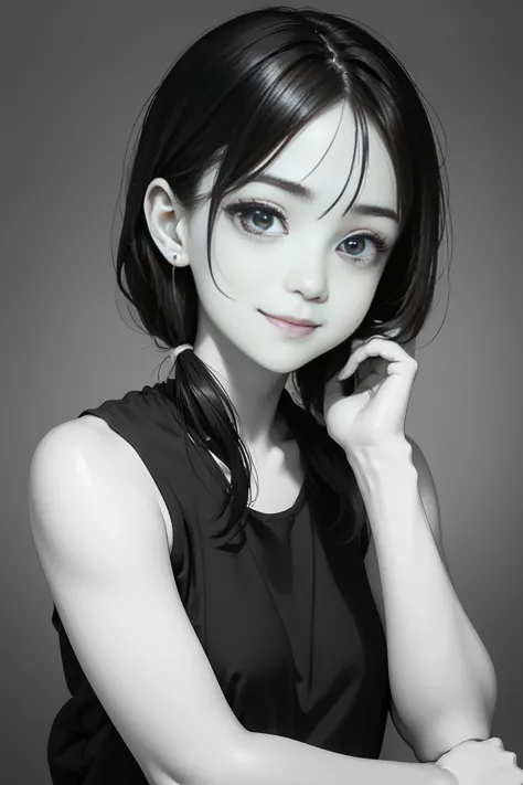 NauSKaaValOfWi, monochrome, greyscale, detailed 1girl, looking at viewer, sad smile, upper body,