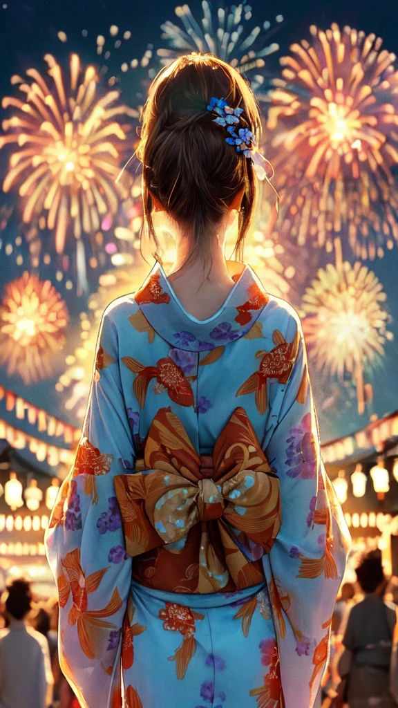 1lady solo, standing, back of head, (from behind), looking up at sky, (elegant yukata:1.1) (small golden fish-patterned:1.1), mature female, /(brown hair/), hair up, flower ornament, (nape of neck), (masterpiece best quality:1.2) delicate illustration ultra-detailed BREAK (summer festival) outdoors, (elegant fireworks), night sky, contrast, crowded, detailed background