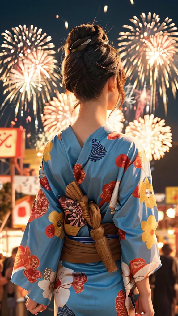 1 solo dama, de pie, parte de atrás de la cabeza, (desde atrás), mirando al cielo, (yukata elegante:1.1) (pequeño pez dorado con estampado:1.1), mujer madura, /(Pelo castaño/), Cabello recogido, adorno de flores, (nuca), (obra maestra mejor calidad:1.2) ilustración delicada ultra detallada BREAK (Festival de verano) Al aire libre, (fuegos artificiales elegantes), cielo nocturno, contrast, atestado, antecedentes detallados