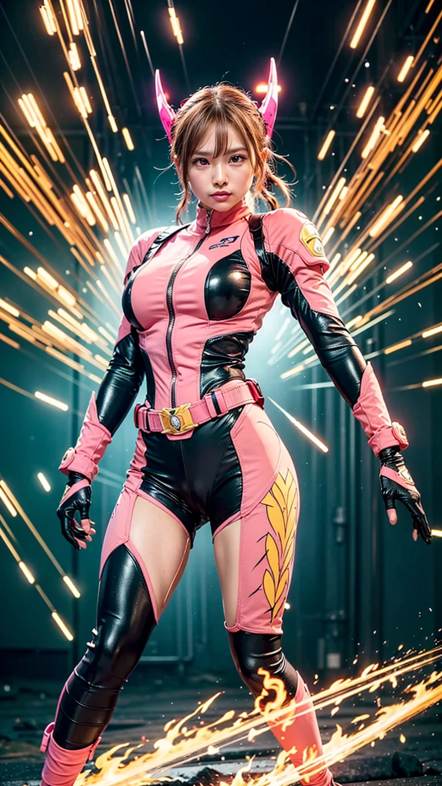 Solo, A brave and courageous image of a 6 member ranger team, Each one is decorated in vibrant colors such as:: ((Pink)), red is front of center, violet, Green, yellow, blue black, white,. Dynamic poses in a background that exudes energy and courage, neon, fire, plasma, Fluorescent, shocking, pink big bomber, splashing pink, running, fighting pose, action pose, Embodying the essence of the classic Sentai superhero team. Each Ranger:: The attire is sophisticated and modern, Each color has elements that reflect its theme., Ready for action. ((Camel Toe)), weapons, in sunset background , in cinematic lighting, cover art mixed cinema poster style,