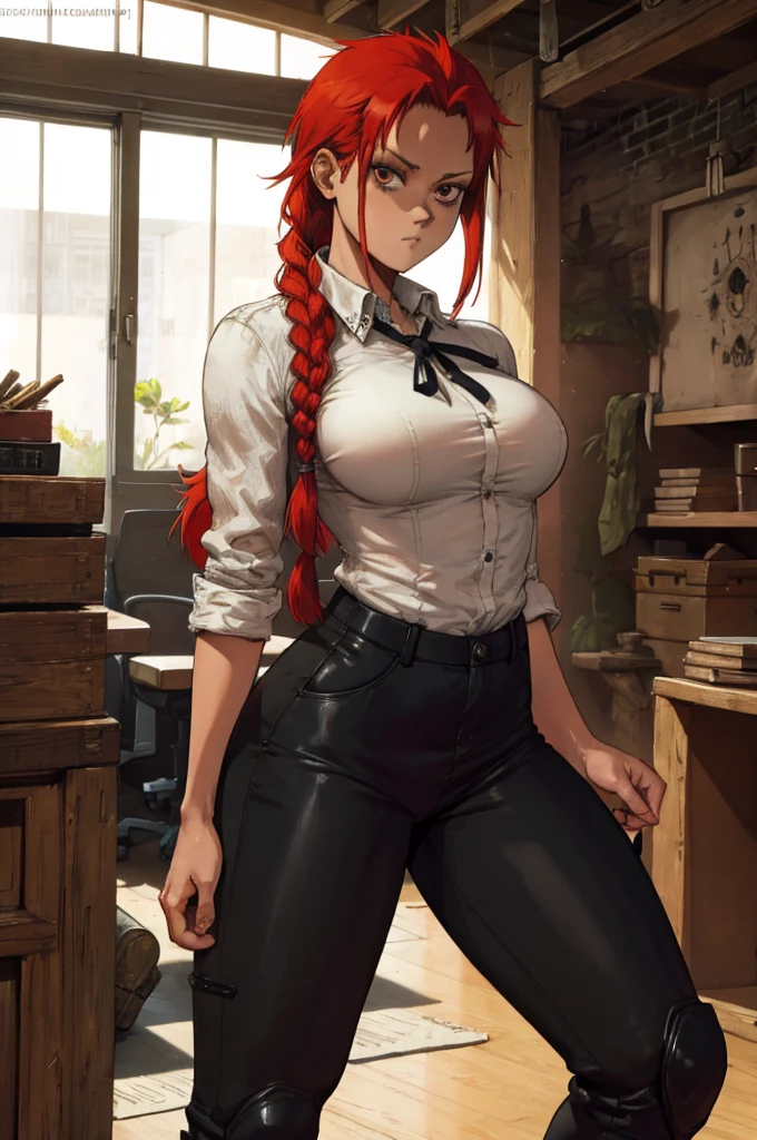 Estilo Dorohedoro, Makima de Motosierra, chica sexy con el pelo rojo en una trenza, camisa blanca ajustada a través de la cual brillan grandes pechos sexys, pantalones de oficina ajustados negros, Lazo negro