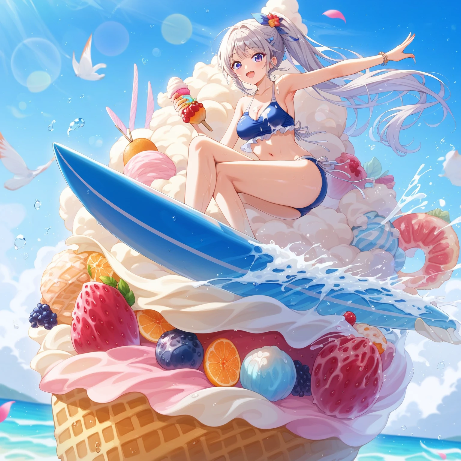 masterpiece, best quality, high resolution, extremely detailed CG, absurdres, highres, 1girl, solo, a girl in swimsuit surfing with a surfboard on top of ice-cream, soft cream,fruits, summer,happy