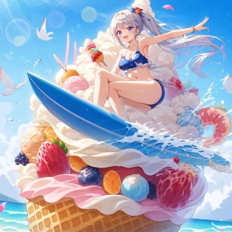 masterpiece, best quality, high resolution, extremely detailed cg, absurdres, highres, 1girl, solo, a girl in swimsuit surfing w...