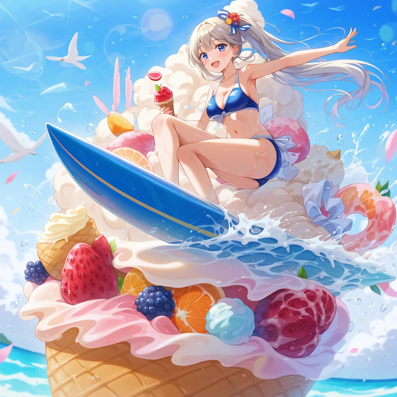 masterpiece, best quality, high resolution, extremely detailed CG, absurdres, highres, 1girl, solo, a girl in swimsuit surfing with a surfboard on top of ice-cream, soft cream,fruits, summer,happy