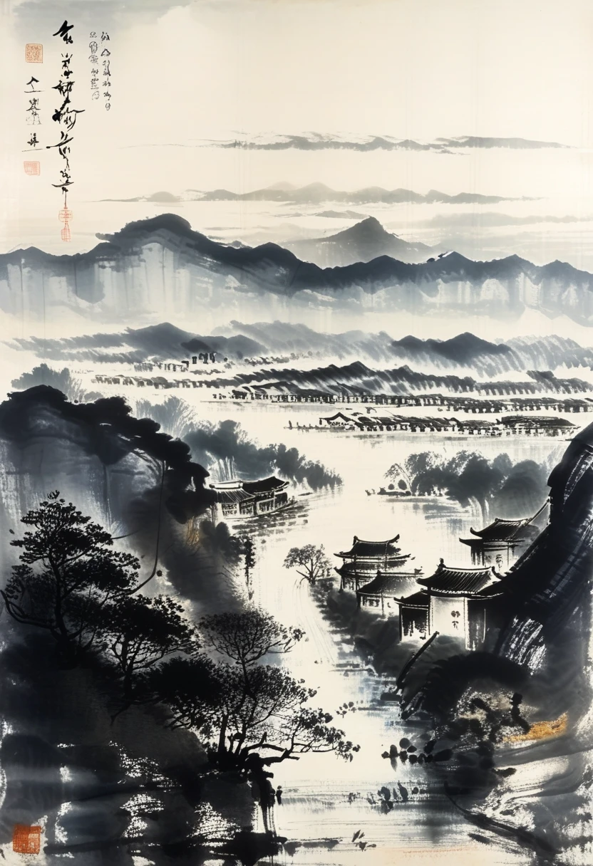 A majestic mountain range with towering peaks, a winding river flowing through a lush valley, painted in the style of Fu Baoshi.