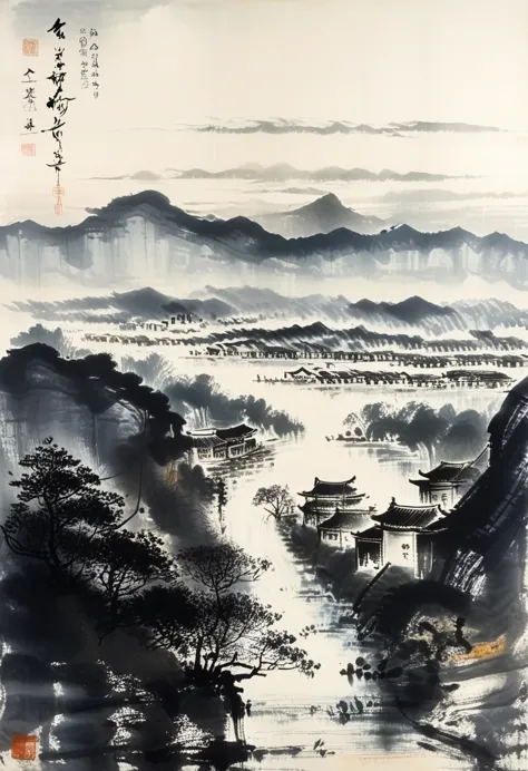 a majestic mountain range with towering peaks, a winding river flowing through a lush valley, painted in the style of fu baoshi.