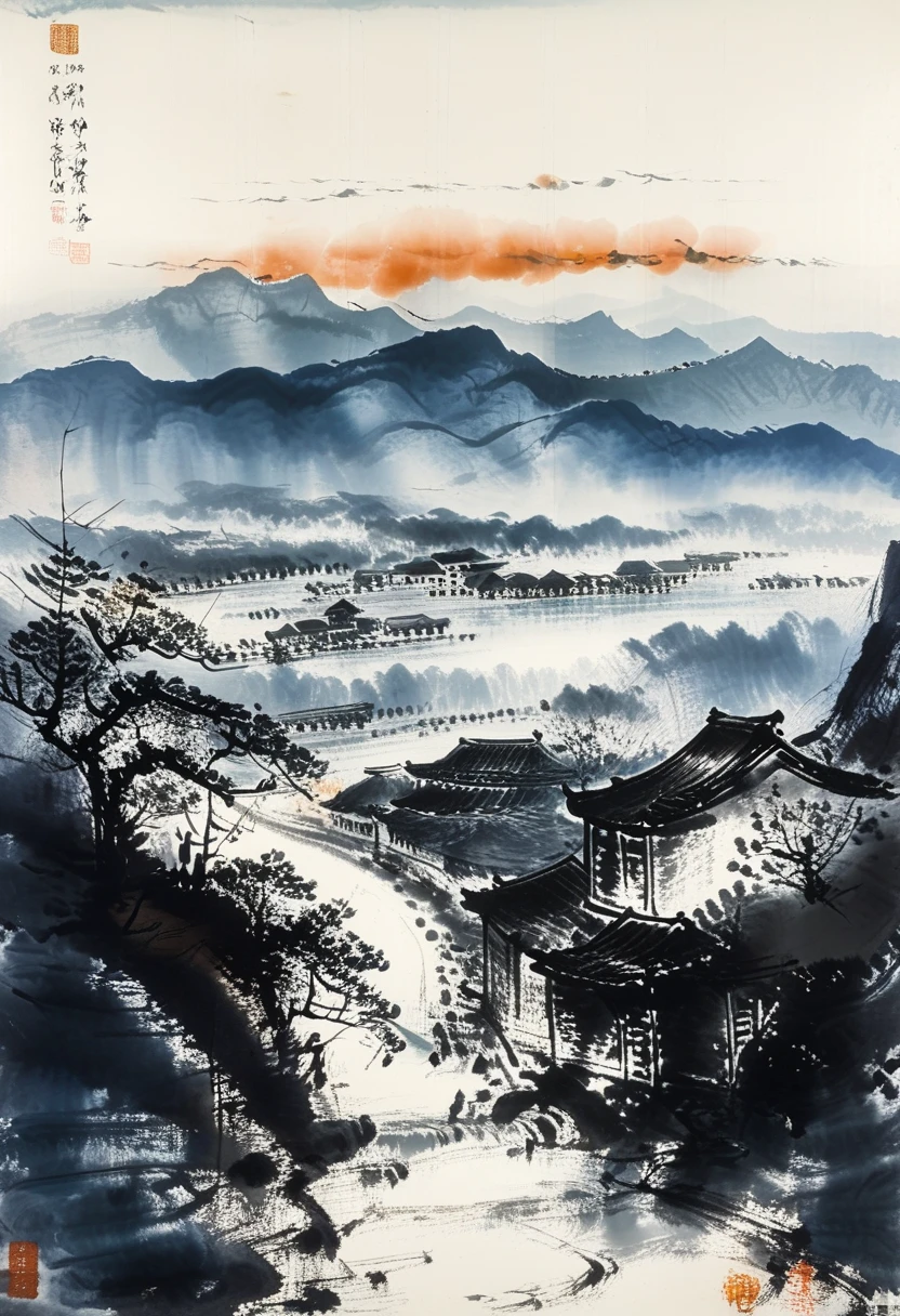 A majestic mountain range with towering peaks, a winding river flowing through a lush valley, painted in the style of Fu Baoshi.