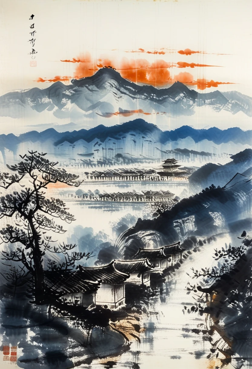 A majestic mountain range with towering peaks, a winding river flowing through a lush valley, painted in the style of Fu Baoshi.