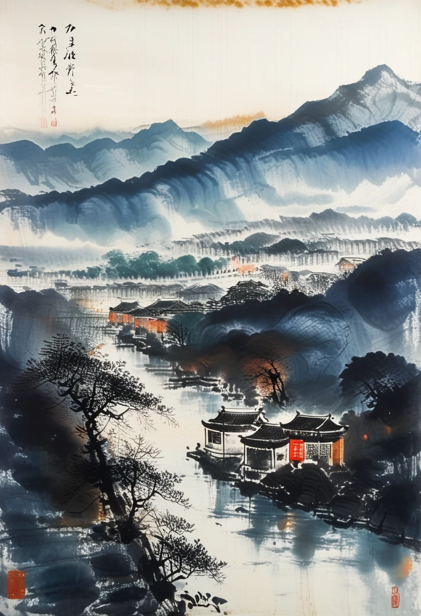 A majestic mountain range with towering peaks, a winding river flowing through a lush valley, painted in the style of Fu Baoshi.