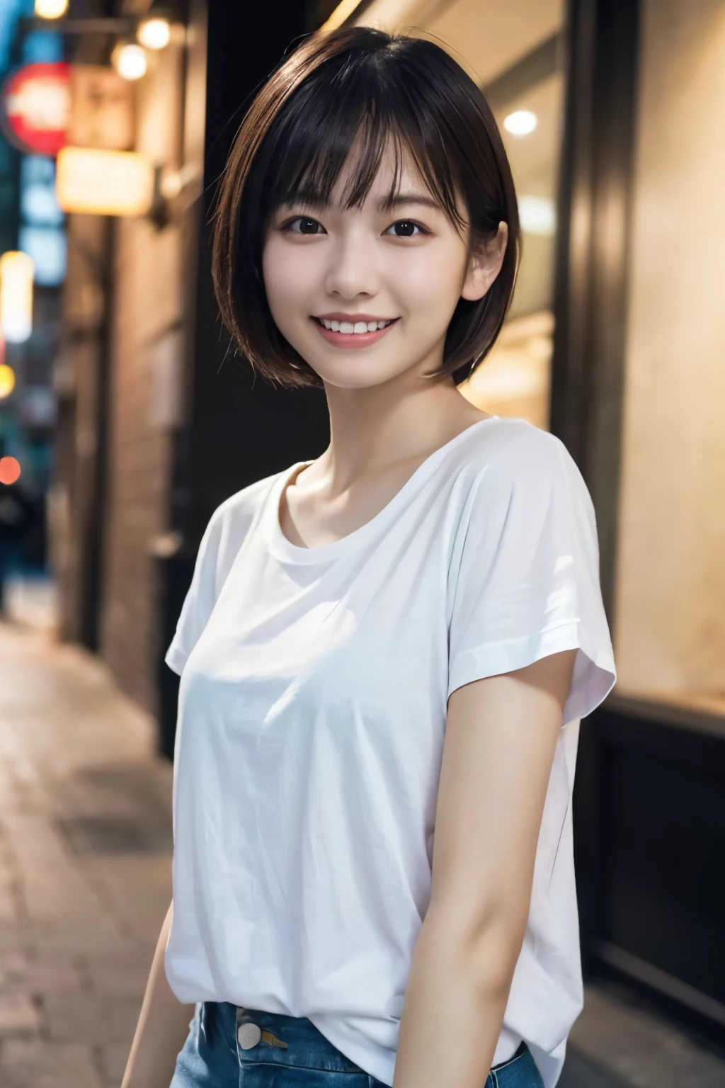 1 Girl, (Wearing a white T-shirt:1.2), Very beautiful Japanese idol portraits, 
(RAW Photos, Highest quality), (Realistic, Realistic:1.4), (masterpiece), 
Very delicate and beautiful, Very detailed, 2k wallpaper, wonderful, finely, Very detailed CG Unity 8K wallpaper, Very detailed, High resolution, Soft Light, 
Beautiful detailed girl, Very detailed目と顔, Beautiful and sophisticated nose, Beautiful and beautiful eyes, Cinema Lighting, 
(Fashion magazine photography:1.3), (Outdoor), (Downtown lights), 
(short hair), 
Complete Anatomy, Slender body, Small breasts, smile