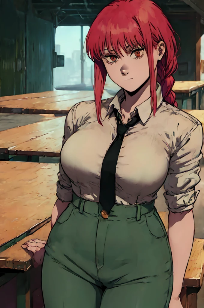 Dorohedoro style, Makima from Chainsawman, sexy girl with red hair in a braid, white tight shirt through which large sexy breasts shine through, black tight office trousers, black tie, only one character