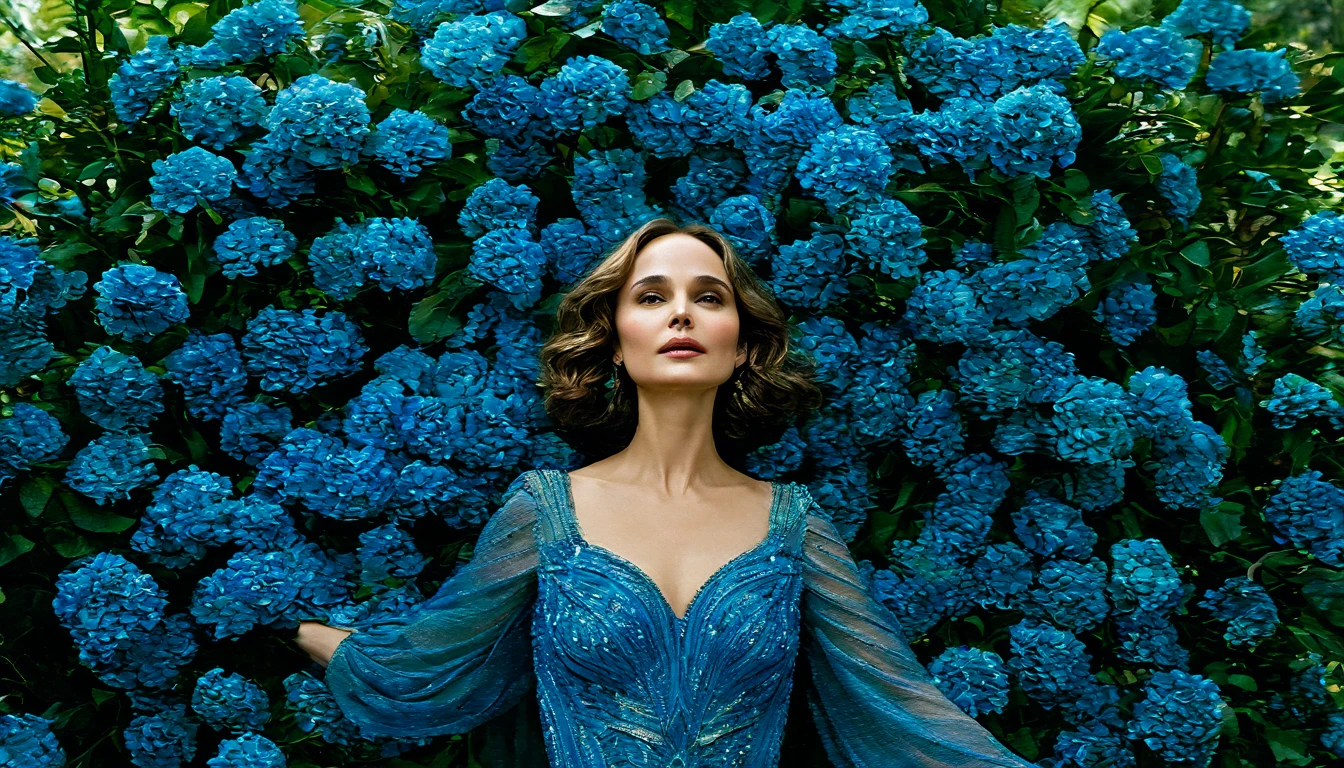 Em um jardim perfumado, The blind woman (Natalie Portman), (22 anos), com um vestido longo Azul claro com detalhes em preto, is standing with her arms outstretched, gently touching the petals of the flowers he finds, conectando-se com a natureza e as doces flores azuis.