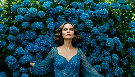 em um jardim perfumado, the blind woman (natalie portman), (22 anos), com um vestido longo azul claro com detalhes em preto, is ...