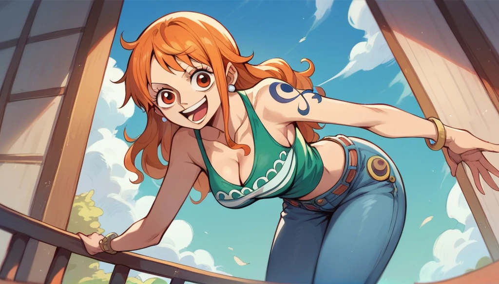 Nami one piece, happy face,(orange eyes),(jeans)