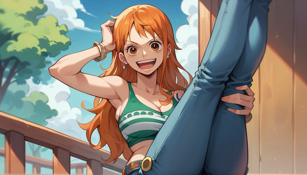 Nami one piece, happy face,(orange eyes),(jeans)