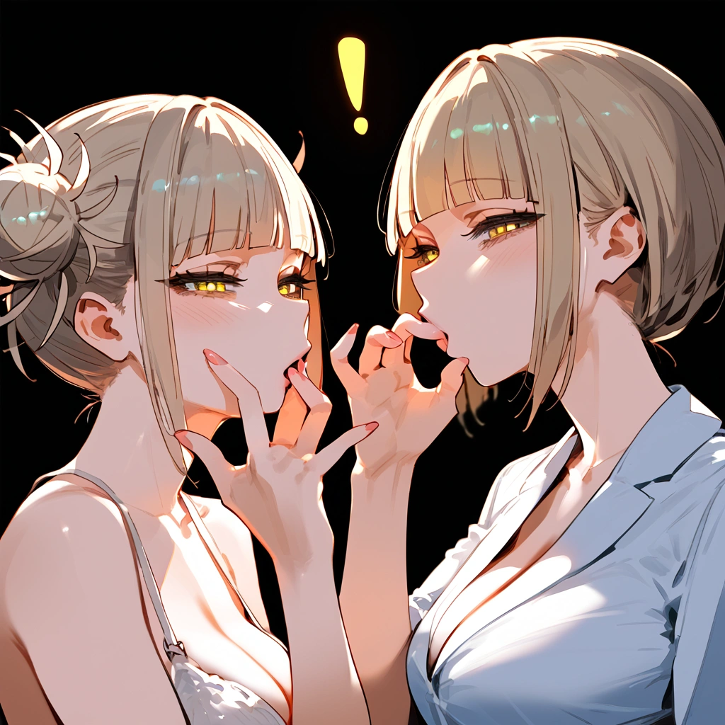 anime artwork, score_9, score_8_up, score_7_up, score_6_up, score_5_up, score_4_up, Himiko toga, big breasts, she is 24 years old, style_3, ,,, yellow eyes , , , , _, , s. sit,fellatio gesture, black background