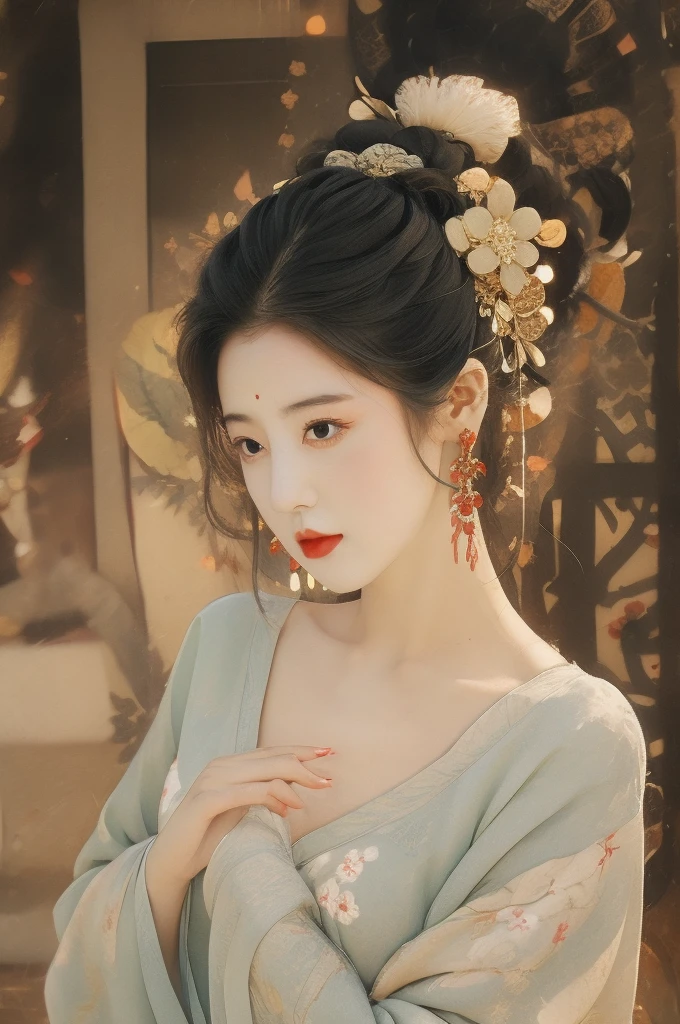 1 Girl,Jewelry,Solitary,earrings,Long hair,Black Hair,breast,Hair accessories,necklace,Looking at the audience,flower,Upper Body,Long sleeve,Chinese clothes,Place your hands on your chest,Lips,skirt,Practical,medium breast,Weaving,black eyes,Hanfu,