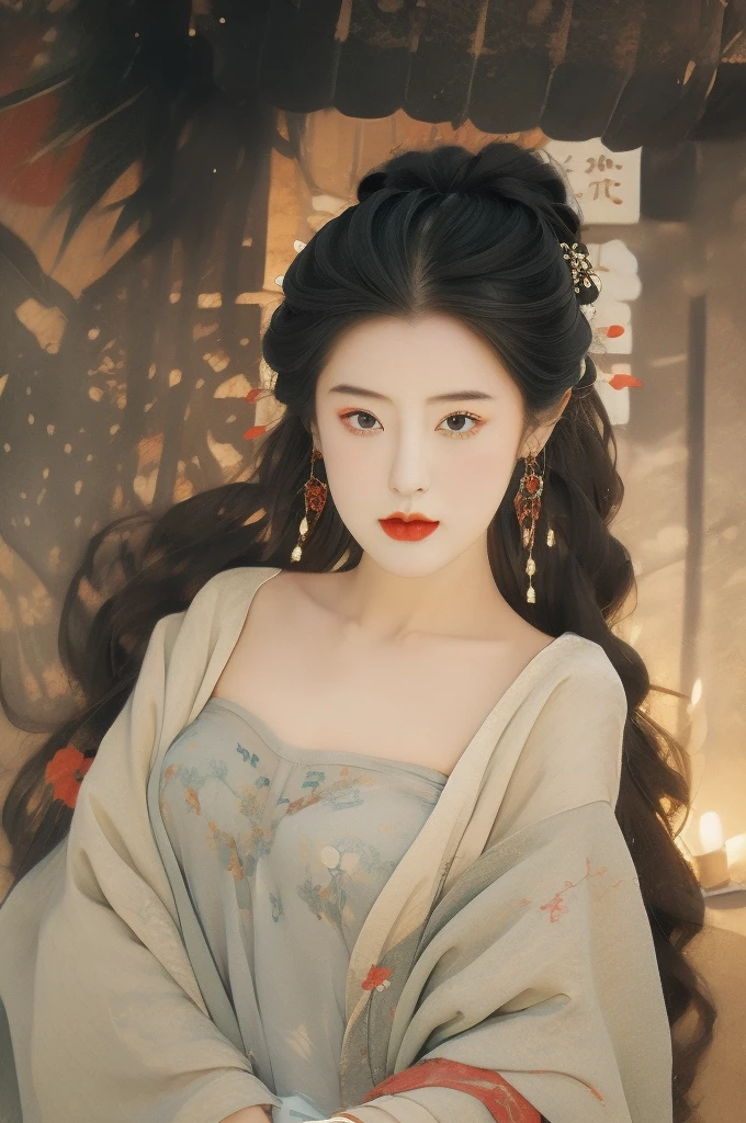 1 Girl,Jewelry,Solitary,earrings,Long hair,Black Hair,breast,Hair accessories,necklace,Looking at the audience,flower,Upper Body,Long sleeve,Chinese clothes,Place your hands on your chest,Lips,skirt,Practical,medium breast,Weaving,black eyes,Hanfu,