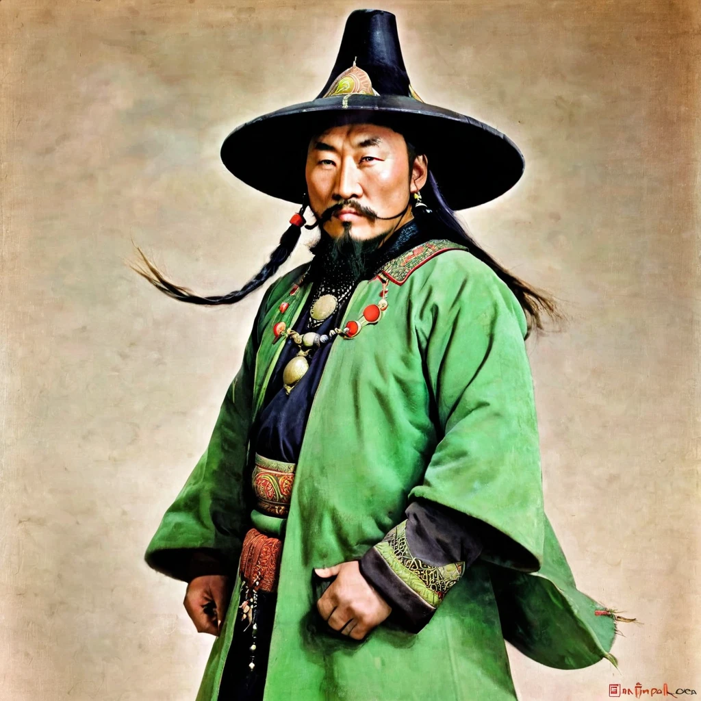 Arafed Mann in einem grünen Mantel und einem schwarzen Hut, Mongol, Dschinghis Khan, photo of Dschinghis Khan, inspiriert von Wu Bin, inspiriert von Zhu Derun, ancient Mongolian elon musk, Inspiriert von Li Kan, Inspiriert von Cao Zhibai, Zhang Daqian, inspiriert von Hu Zao, kasachische Kaiserin