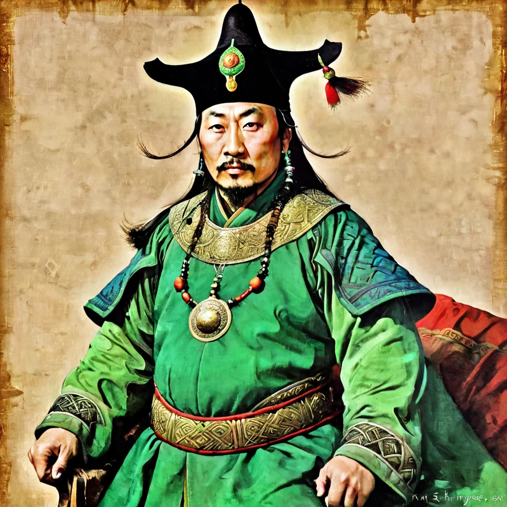 Arafed Mann in einem grünen Mantel und einem schwarzen Hut, ein von Wu Bin inspiriertes digitales Rendering, flickr, Ist Hanga, Mongol, Dschinghis Khan, photo of Dschinghis Khan, ancient Mongolian elon musk, Zhang Daqian, kasachische Kaiserin, Mongolia, pan ren wei, Porträt des Kaisers der Menschheit, Zhang Yimou, feng shu