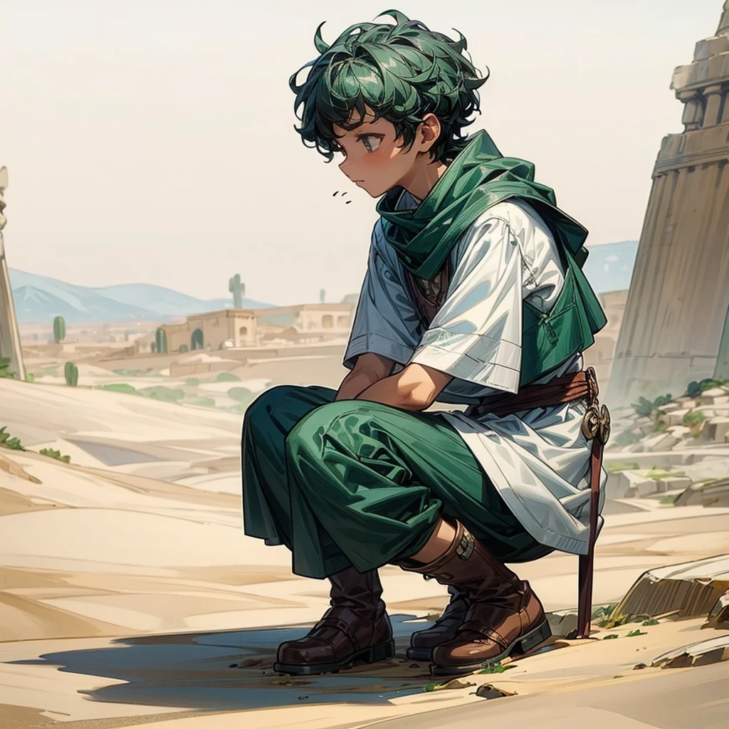 1little boy, Full body version, 1character, brown eyes color, dark skin, Curly cut hairstyle, small eyes type, green colour hair, doctor ancient roman clothing style, white color clothing, white Stola, Ancient roman boots, armor vest, Grassroots background in desert