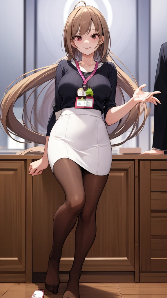 2D, masterpiece, best quality, Japanese cartoons, Highly detailed face, Very detailed eyes, Very detailed background, Perfect lighting, whole body, 1 girl, foot，White tights, ID card, Embarrassing, Smile, Standing, office ，No shoes