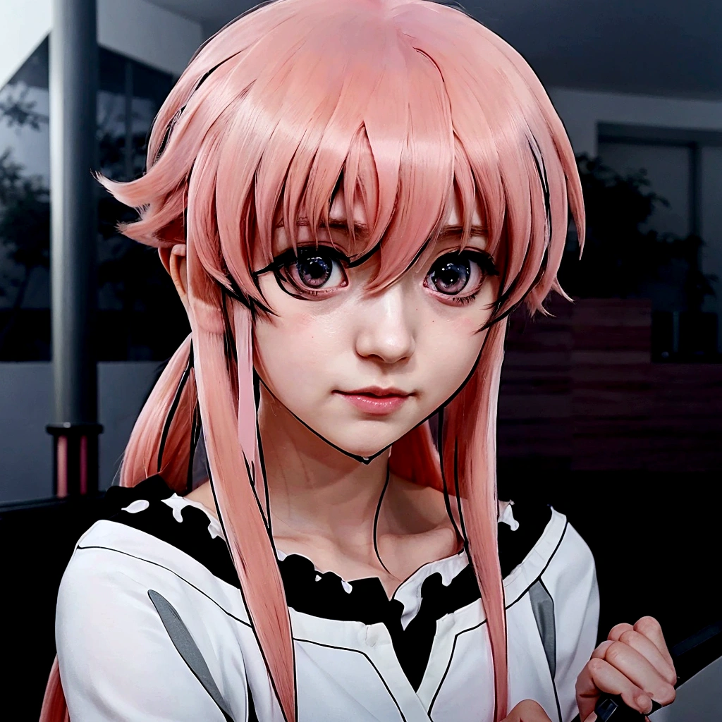 anime girl with pink hair and black and white shirt holding a cell phone, anime visual of a young woman, gasai yuno, gasai yuno, female anime character, anime visual of a cute girl, cel shaded anime, anime character, anime girl named gasai yuno, gapmoe yandere, gasai yuno, as an anime character