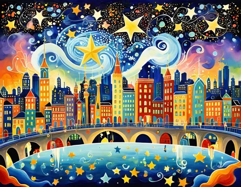 A whimsical scene with cartoonish buildings, exaggerated smoke, and comically oversized stars. The cityscape is depicted with a ...