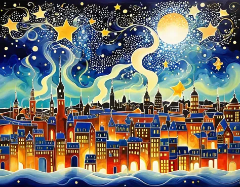 a whimsical scene with cartoonish buildings, exaggerated smoke, and comically oversized stars. the cityscape is depicted with a ...