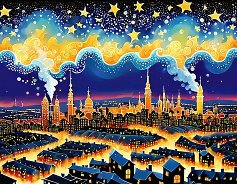 A whimsical scene with cartoonish buildings, exaggerated smoke, and comically oversized stars. The cityscape is depicted with a ...