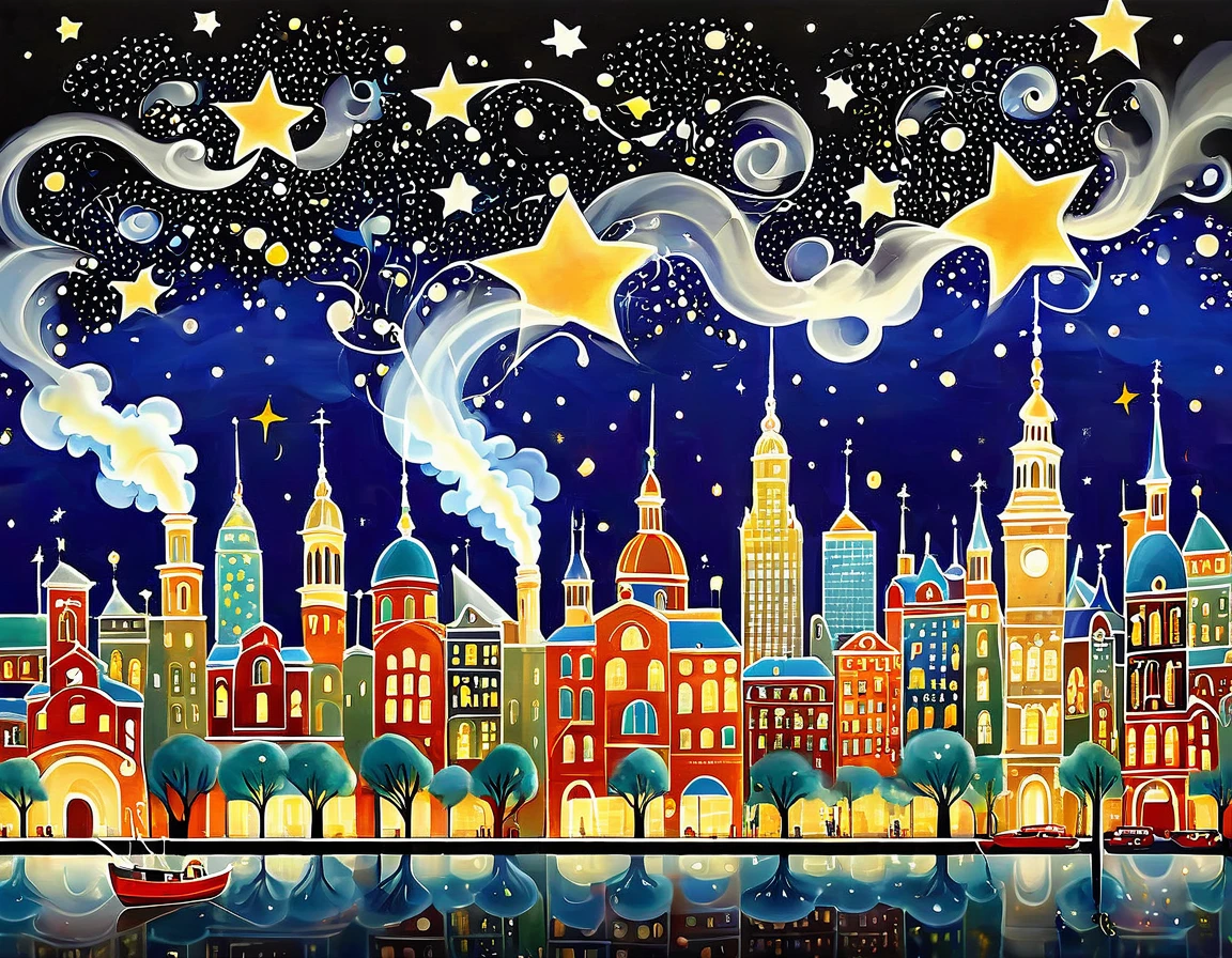 A whimsical scene with cartoonish buildings, exaggerated smoke, and comically oversized stars. The cityscape is depicted with a lighthearted touch.